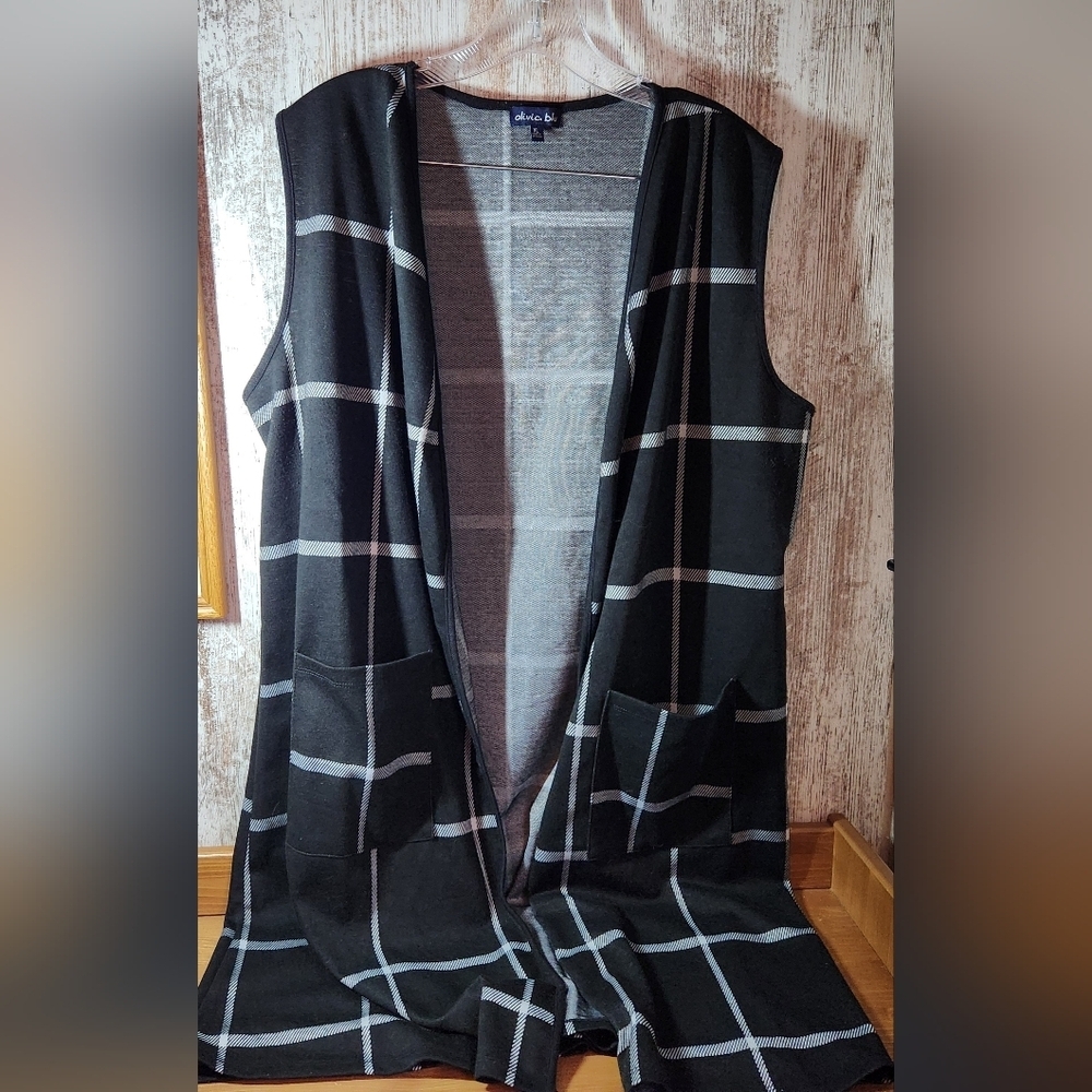 Olivia Blu Black Windowpane Plaid Sleeveless Open-Front Long Vest Duster Pockets